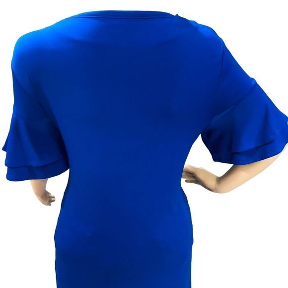 Chico’s Blue Ruffle Asymmetric  Pull On Stretching Dress Sz 0 (Reg Sz 4) - Picture 8 of 14